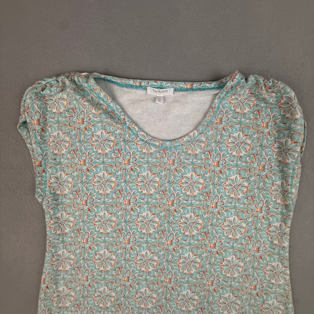 T by Talbots Dress Women's Large Petite Cap Sleeve Jersey Medallion Scroll Teal - Picture 3 of 10